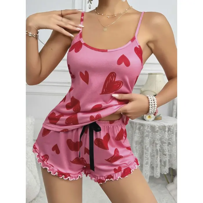 LYYN Kadın Pembe Kalp Baskılı Şortlu Gecelik Pijama Takımı 5050