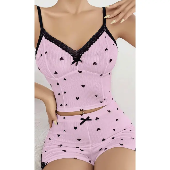 LYYN Kadın Pembe Kalp Desenli Askılı Şortlu Pijama Takım 6647
