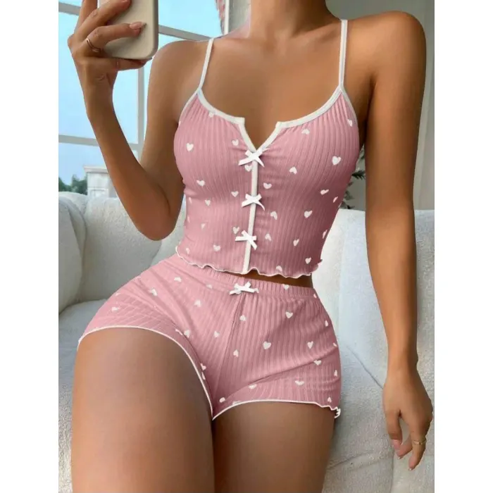 LYYN Kadın Pembe Kalpli Askılı Şortlu Pijama Takım 6654