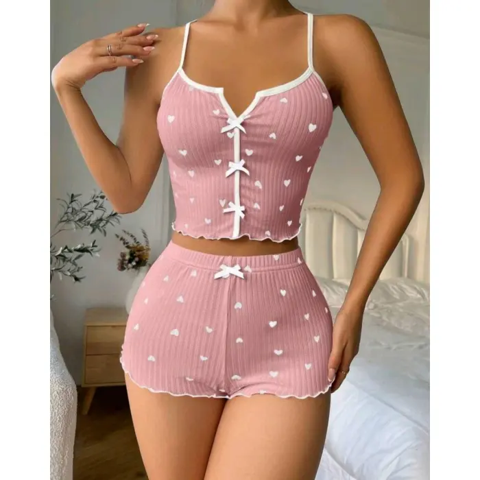 LYYN Kadın Pembe Kalpli Askılı Şortlu Pijama Takım 6654