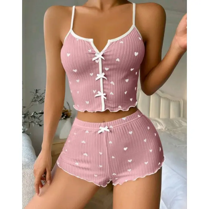 LYYN Kadın Pembe Kalpli Askılı Şortlu Pijama Takım 6654