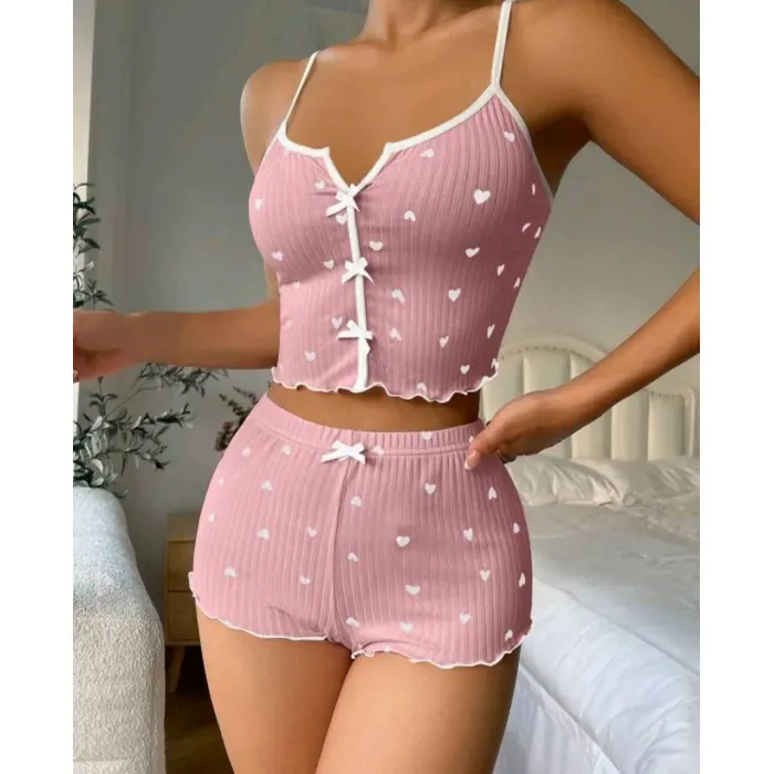 LYYN Kadın Pembe Kalpli Askılı Şortlu Pijama Takım 6654