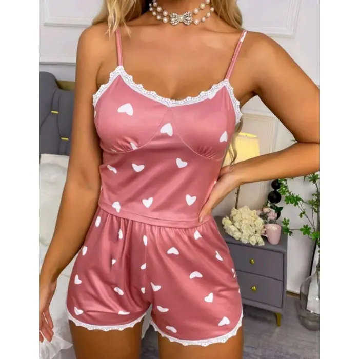 LYYN Kadın Pudra Kalp Desenli Seksi Gecelik Takım 6641