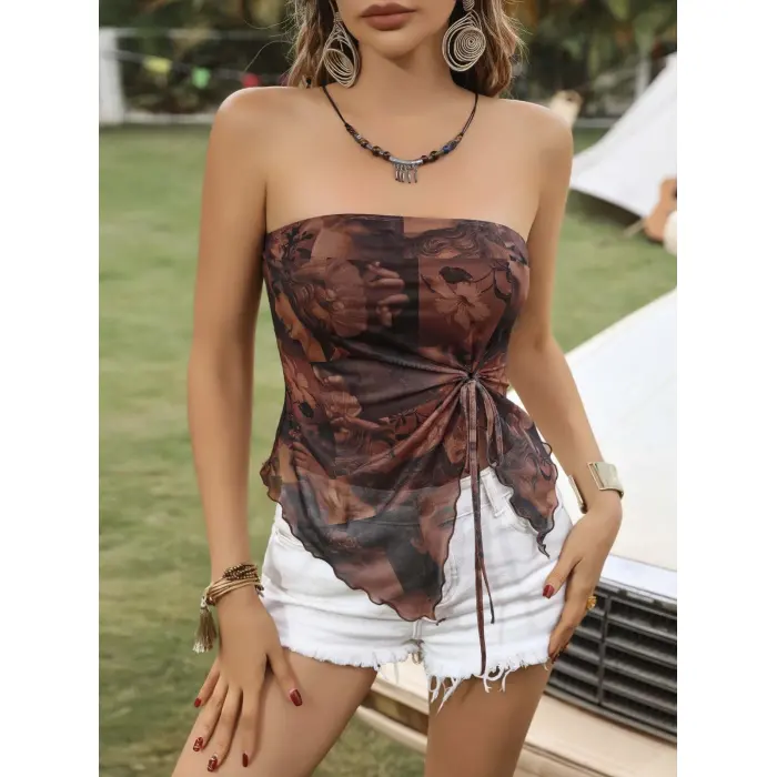 LYYN Kadın Resim Desenli Crop Önden Büzgü Detaylı 5097