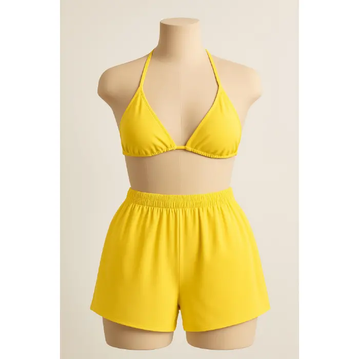 LYYN Kadın Sarı Şortlu Belden ve Boyundan Bağlamalı Bikini Takımı