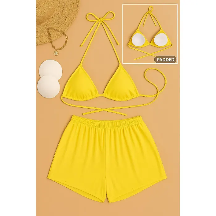 LYYN Kadın Sarı Şortlu Belden ve Boyundan Bağlamalı Bikini Takımı