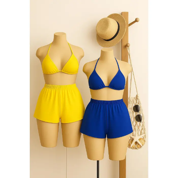 LYYN Kadın Sarı ve Mavi Şortlu Belden ve Boyundan Bağlamalı Bikini Takımı