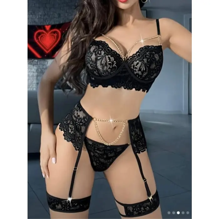 LYYN Kadın Seksi Siyah Jartiyer – Dantel Ve Zincir Detaylı Sütyen Külot Takımı