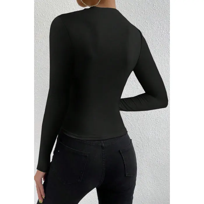 LYYN Kadın Siyah Belden ve Boyundan Büzgü Detaylı Uzun Kollu Bluz