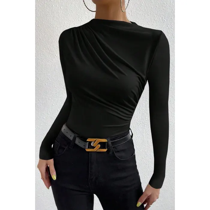 LYYN Kadın Siyah Belden ve Boyundan Büzgü Detaylı Uzun Kollu Bluz