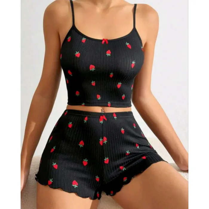 LYYN Kadın Siyah Çilek Desenli Seksi Gecelik Takım 6644