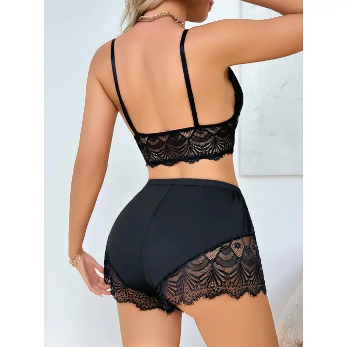 LYYN Kadın Siyah Dantel Detaylı Şortlu Pijama Takımı 5054