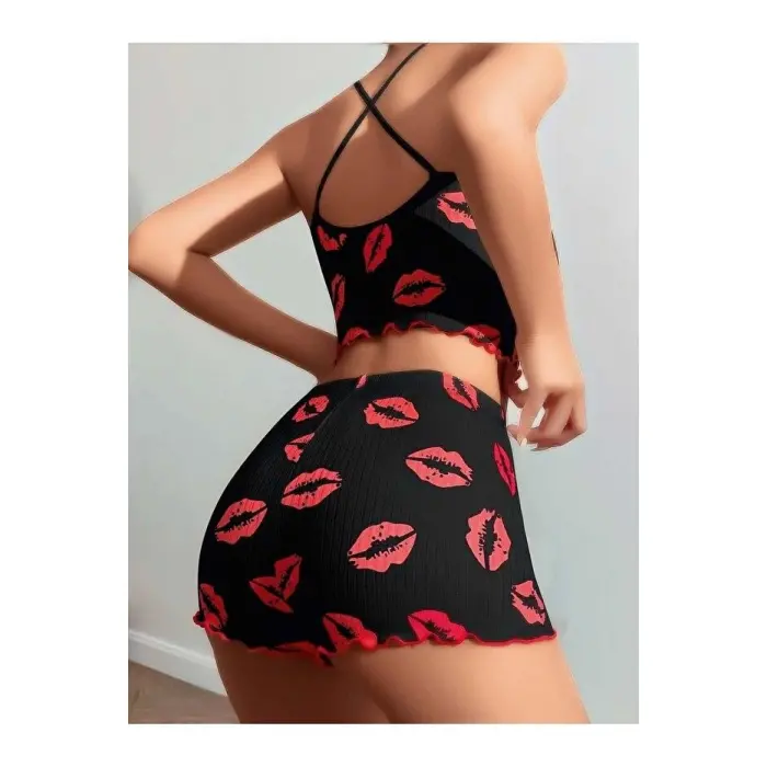 LYYN Kadın Siyah Dudak Desenli Şortlu Pijama Takımı 5057
