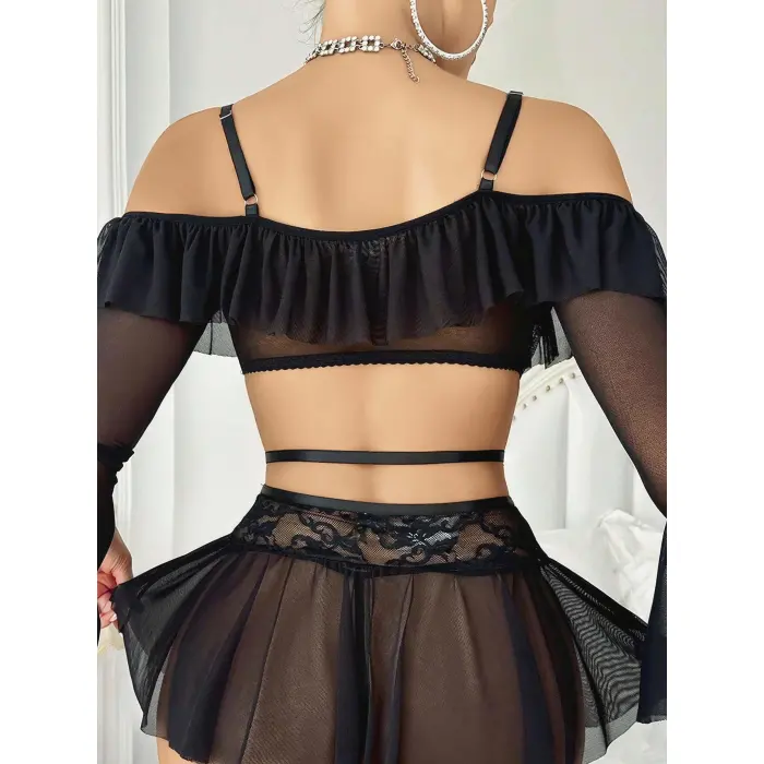 LYYN Kadın Siyah Etek Bustiyer Sexy Gecelik Takım 3831