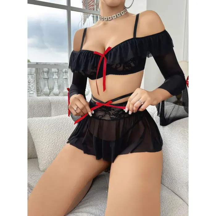 LYYN Kadın Siyah Etek Bustiyer Sexy Gecelik Takım 3831