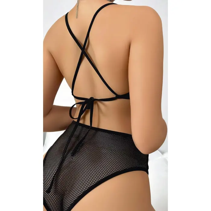 LYYN Kadın Siyah Fantazi Kostüm  Göğüs Dekolte Zincir Detaylı 2052