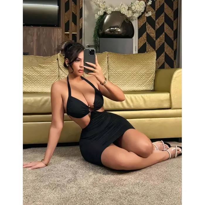 LYYN Kadın Siyah Halka Detaylı Fantezi Gece elbisesi 5115