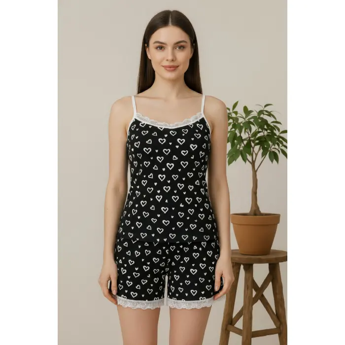LYYN Kadın Siyah Kalp Desenli Askılı Şortlu Dantelli Pijama Takımı