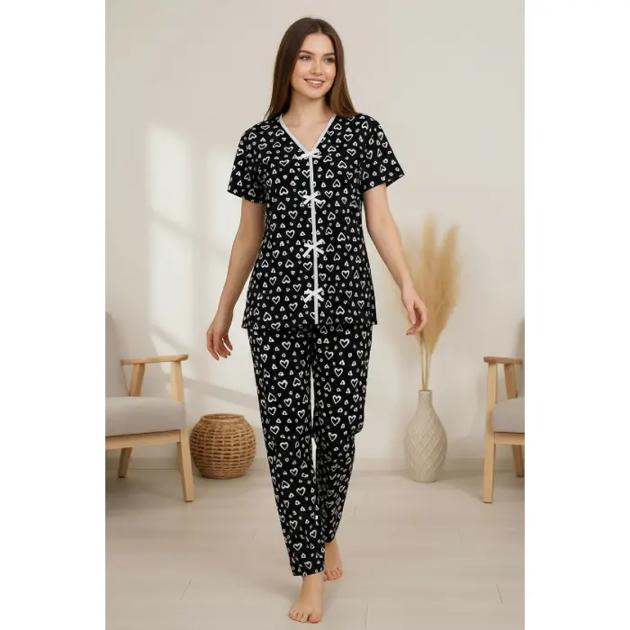 LYYN Kadın Siyah Kalp Desenli Fiyonklu Kısa Kollu Uzun Pijama Takımı