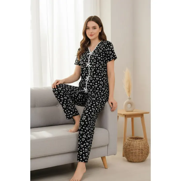 LYYN Kadın Siyah Kalp Desenli Fiyonklu Kısa Kollu Uzun Pijama Takımı