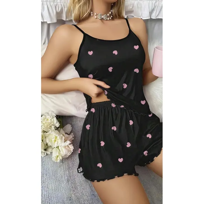 LYYN Kadın Siyah Kalp Desenli Seksi Gecelik Takım 6660