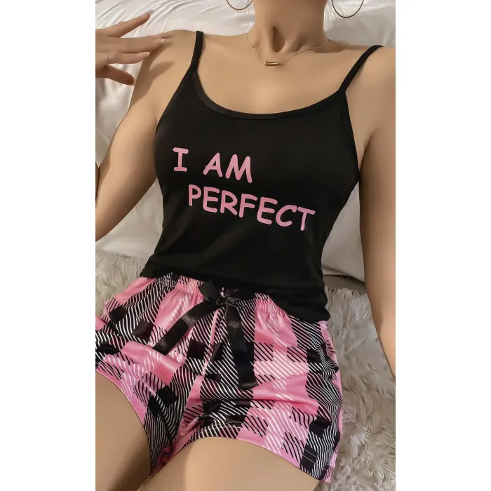 LYYN Kadın Siyah Kare Desenli Askılı Şortlu Pijama Takım 6652