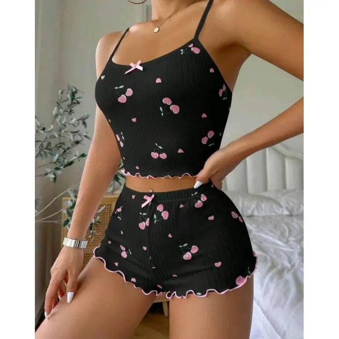 LYYN Kadın Siyah Kiraz Desenli Seksi Gecelik Takım 9003