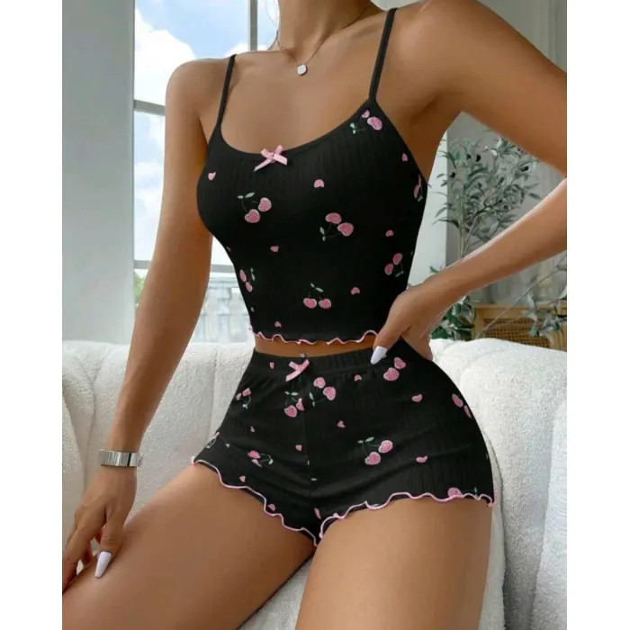 LYYN Kadın Siyah Kiraz Desenli Seksi Gecelik Takım 9003