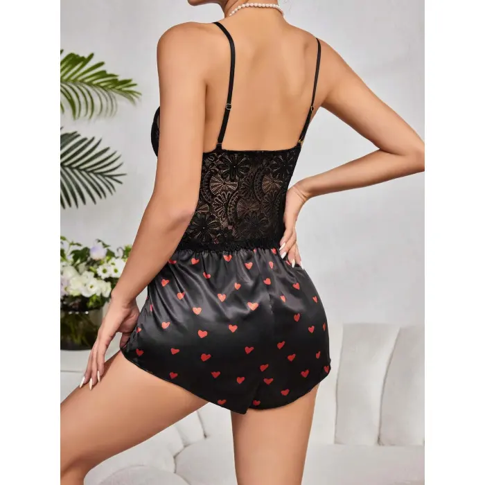 LYYN Kadın Siyah Kırmızı Kalp Desenli Saten Şort Pijama Takımı 2232