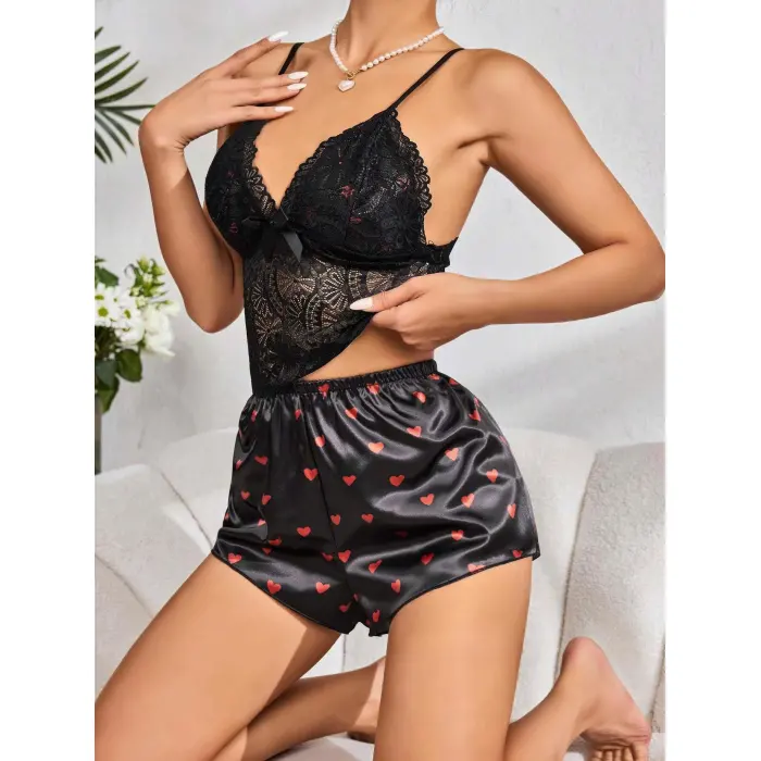LYYN Kadın Siyah Kırmızı Kalp Desenli Saten Şort Pijama Takımı 2232