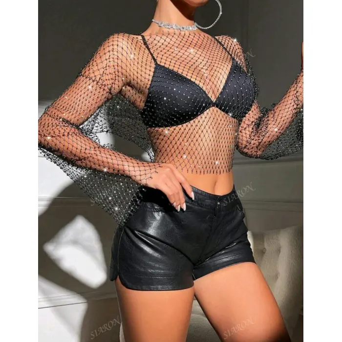 LYYN Kadın Siyah Kristal Taşlı File Crop