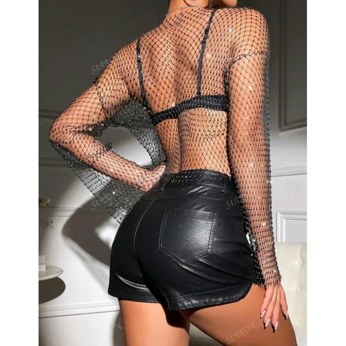 LYYN Kadın Siyah Kristal Taşlı File Crop