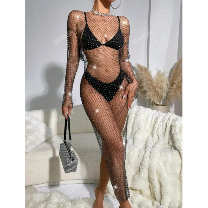 LYYN Kadın Siyah Kristal Taşlı File Elbise – Plaj Ve Gece Şıklığı İçin