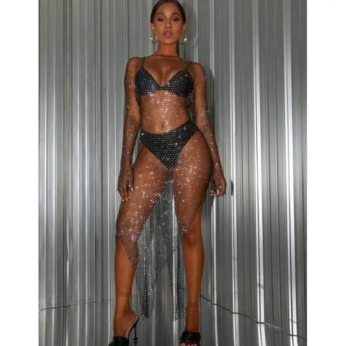 LYYN Kadın Siyah Kristal Taşlı File Elbise – Plaj Ve Gece Şıklığı İçin