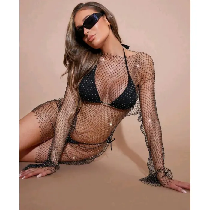 LYYN Kadın Siyah Kristal Taşlı File Kollu Kısa Elbise