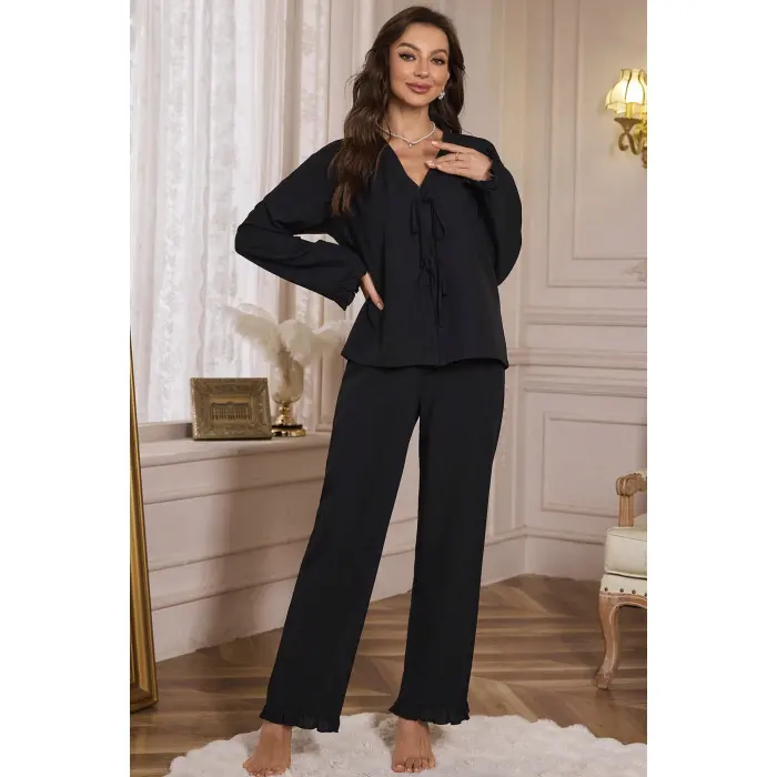 LYYN Kadın Siyah Önden Bağlamalı Kolu ve Paçası Fırfır Detaylı Uzun Kollu Pijama Takımı