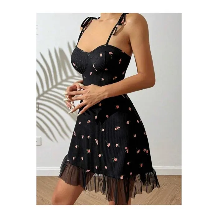 LYYN Kadın Siyah Pembe Gül Desenli Askılı Bağlamalı Dantel Detaylı Elbise 5072