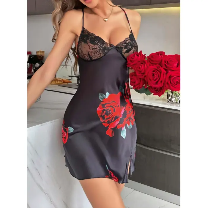 LYYN Kadın Siyah Saten Askılı Dantel Detaylı Gül Çicek Baskılı Gecelik 2221