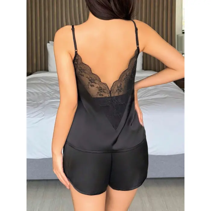 LYYN Kadın Siyah  Şort Askılı Dantel Üst Pijama Takımı 2233