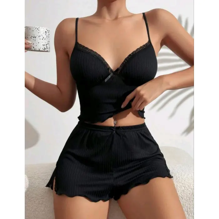 LYYN Kadın Siyah Şortlu Gecelik Takım 6639