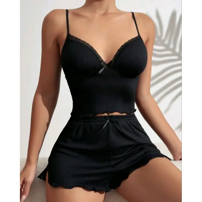 LYYN Kadın Siyah Şortlu Gecelik Takım 6639