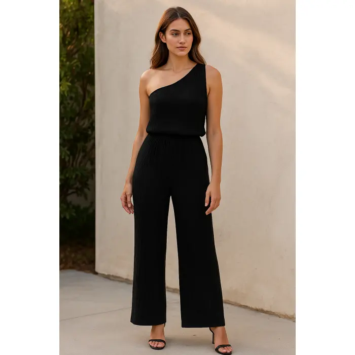 LYYN Kadın Siyah Tek Omuzlu Şık Bluz & Geniş Paça Pantolon İkili Takım
