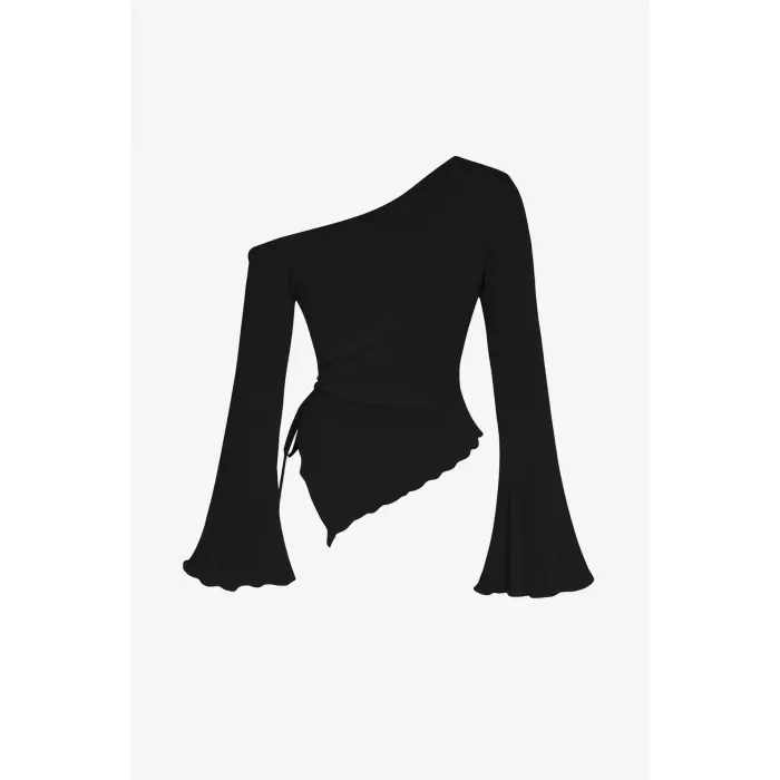 LYYN Kadın Siyah Uzun İspanyol Kollu Asimetirik Yaka Yandan Bağlamalı Drapeli Bluz