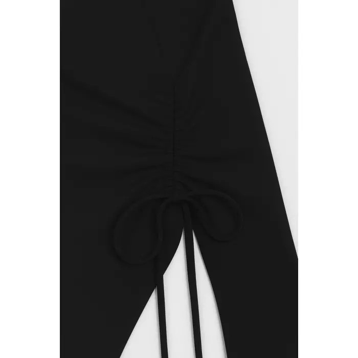 LYYN Kadın Siyah Uzun İspanyol Kollu Asimetirik Yaka Yandan Bağlamalı Drapeli Bluz