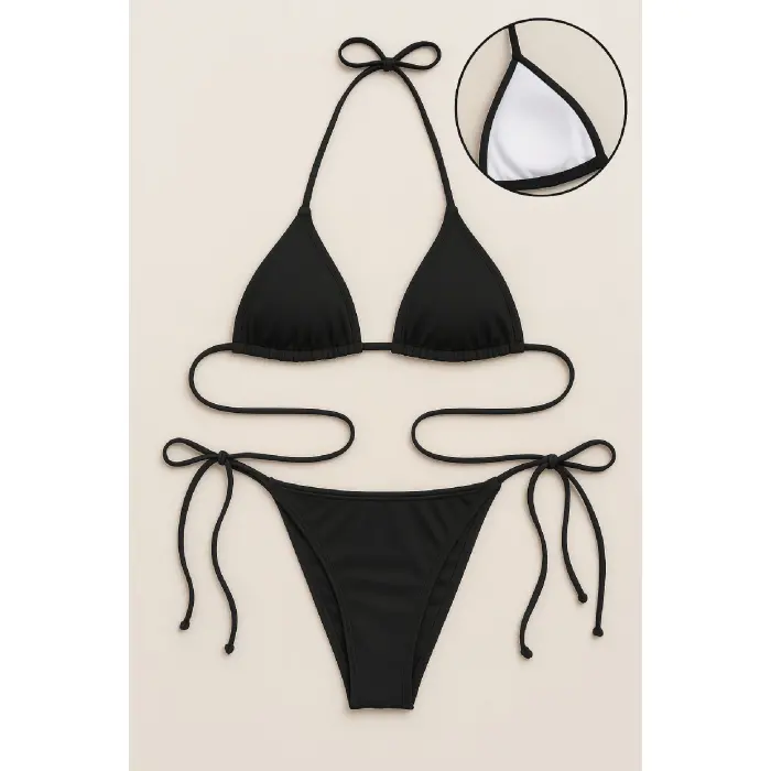 LYYN Kadın Siyah Yandan ve Boyundan Bağlamalı Bikini Mayo Takımı