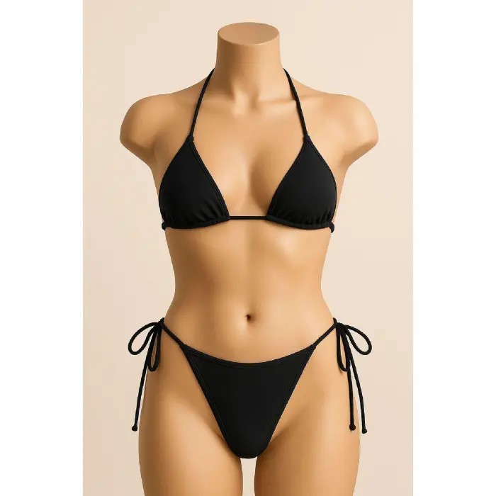 LYYN Kadın Siyah Yandan ve Boyundan Bağlamalı Bikini Mayo Takımı