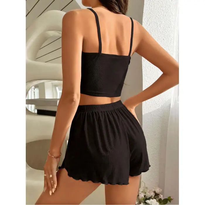 LYYN Kadın Siyah Yandan Yırtmaçlı Askılı Şortlu Pijama Takım 6658