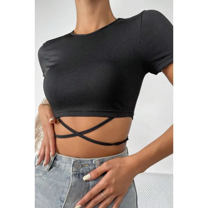 LYYN Kadın Siyah Yarım Kol Çapraz Bağlamalı Crop Top Bluz