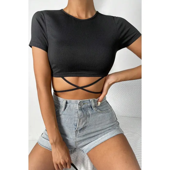 LYYN Kadın Siyah Yarım Kol Çapraz Bağlamalı Crop Top Bluz
