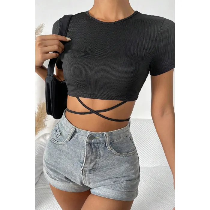 LYYN Kadın Siyah Yarım Kol Çapraz Bağlamalı Crop Top Bluz